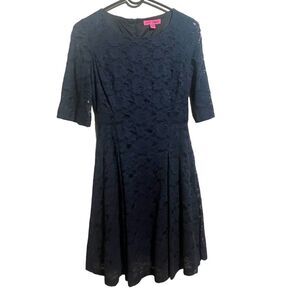 Betsey Johnson Dress Women's Sz 2 Blue Lace Lined Midi Fit‎ & Flare 3/4 Sleeve